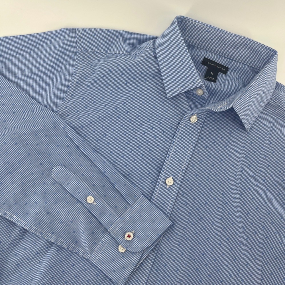 Tommy Hilfiger Boys Blue Gingham Check Long Sleeve Button Down Shirt Size 18 - Picture 1 of 7